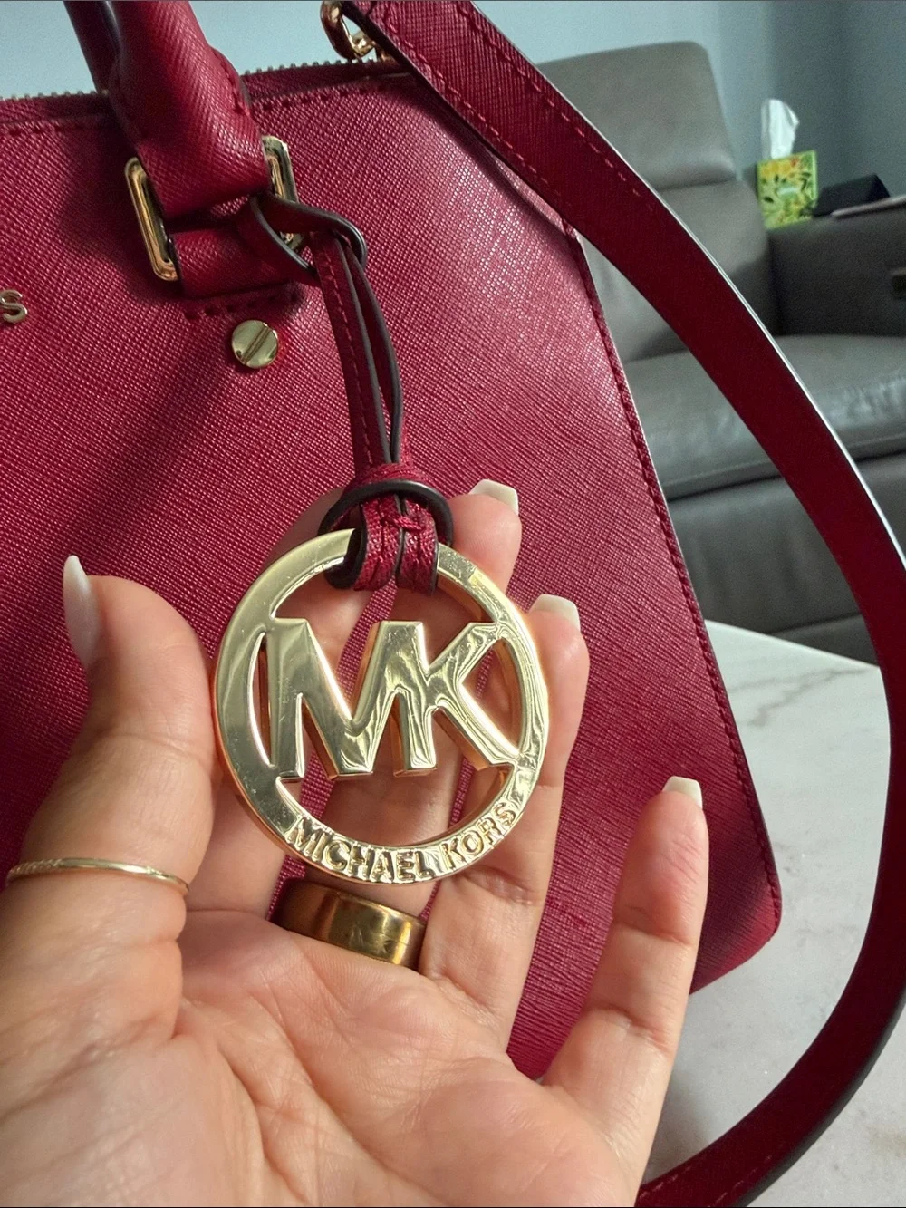 Michael Kors Cherry Red Saffiano Satchel with Gold Hardware
